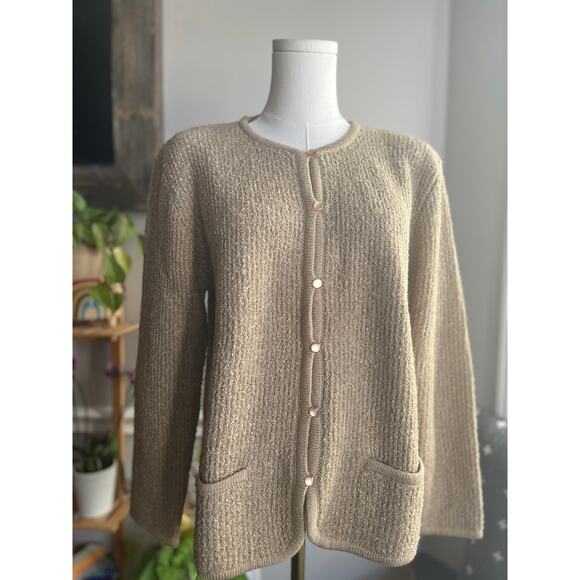 Vintage 80s Tan Boucle Button Front Cardigan Sweater Size Large - Picture 1 of 6